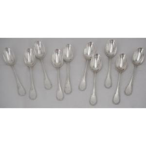 Puiforcat, 10 Teaspoons, Solid Silver Mocha Minerva, Excellent Condition.