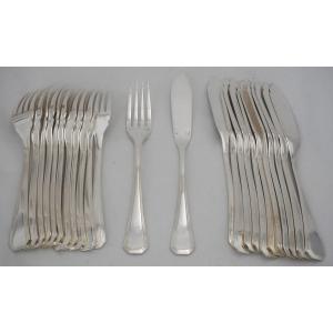 Christofle America Model, Art Deco, 12 Fish Cutlery Sets, 24 Pieces In Silver-plated Metal.