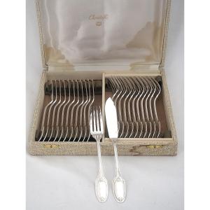 Christofle Marie Antoinette Model, 12 Fish Cutlery Sets, 24 Pieces In Silver-plated Metal.