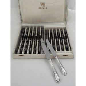 Ercuis Dubarry Model, From Barry, 24 Knives, 12 Table Knives + 12 Cheese Knives, Silver Metal.