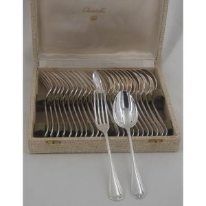 Christofle Marot Model, 12 Dessert Cutlery Sets, 24 Pieces, Silver-plated Metal, Monogrammed.