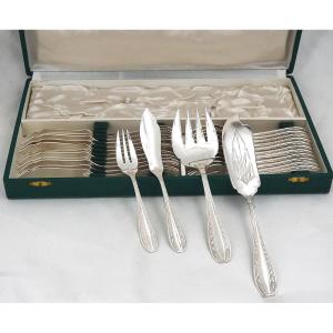 Ercuis Model Toledo, Art Deco, 26-piece Fish Set, In Silver-plated Metal.