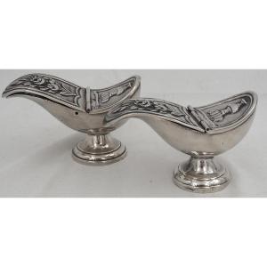 Pair Of Incense Boats, Church Censer, Silver-plated Bronze, 18th Century.