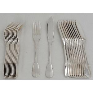 Christofle Cluny Model, Uniplat, 12 Fish Cutlery Sets, 24 Pieces, Silver-plated Metal.