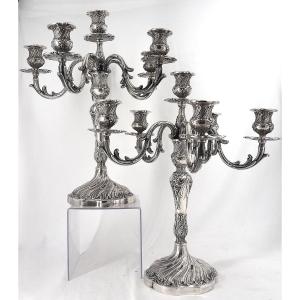 Ercuis, Prestige, Regency, Pair Of Candlesticks, Chandeliers, 6 Lights, Silvered Bronze.