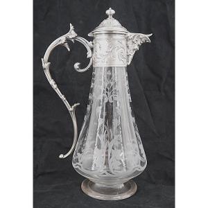Gallia, Neo-renaissance Ewer, Silver-plated Metal And Engraved Crystal, In Excellent Condition.