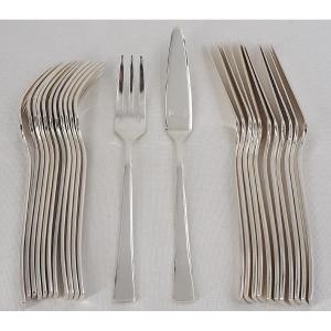 Christofle Concorde Pattern, 12 Fish Cutlery Pieces, 24 Pieces, Silver-plated Metal, Excellent Condition.