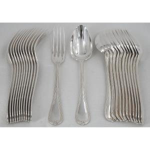 Christofle Rubans Model, 12 Entremets Cutlery, Dessert, 24 Pieces, 18.5 Cm, Silver-plated Metal.
