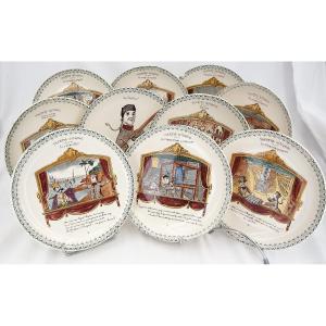 10 Talking Guignol Dessert Plates, Choisy Le Roi, 19th Century, Polychrome, 20 Cm.