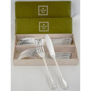 Christofle Rubans Pattern, 12 Fish Cutlery Sets, Silver-plated Metal, 24 Pieces, Perfect Condition.