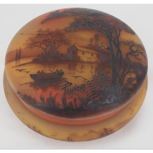 Jean-simon Peynaud, Candy Dish With Lakeside Decoration, Painted Glass, Signed.