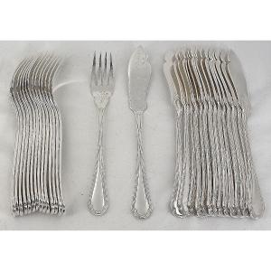 Ercuis Trianon Model, Ribbons, 15 Engraved Fish Cutlery Pieces, 30 Pieces In Silver-plated Metal.