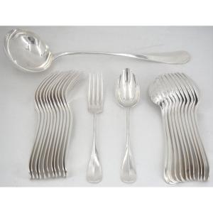 Christofle Baguette Fidélio Antique Model, 12 Place Settings + 1 Ladle, 25 Pieces, Silver-plated Metal.