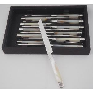 12 Fruit, Dessert, Entremets Knives, Mother-of-pearl And Solid Silver Blades Vieillard.