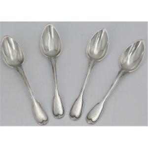 4 Solid Silver Teaspoons, Tea, Dessert, 1st Rooster, Filet Pattern, 1798-1809.