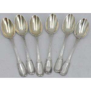 Puiforcat, 6 Teaspoons, Moka, Perles Model, Minerva Solid Silver.