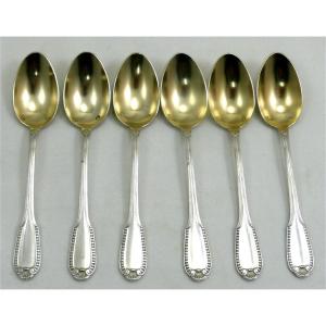 Boulenger, Minerva Solid Silver, Godrons Coquille Model, 6 Mocha Spoons.
