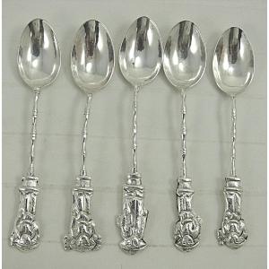 5 Solid Silver Tea, Coffee, Mocha Spoons, China, Indochina, Vietnam.