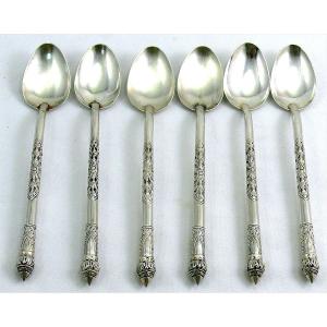 6 Teaspoons, Coffee Spoons, Dessert Spoons, Solid Silver, China, Indochina, Siam, Hallmarked.