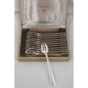 Christofle America Model, 12 Oyster Forks, Silver-plated Metal, Art Deco.
