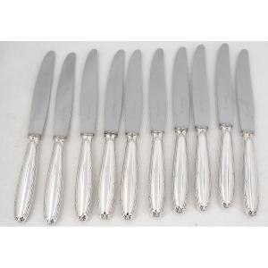 Christofle Rubans Model, 10 Silver-plated Table Knives In Excellent Condition.