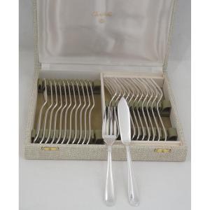 Christofle Dax Pattern, 12 Fish Cutlery Pieces, 24 Pieces In Silver-plated Metal, Perfect Condition.