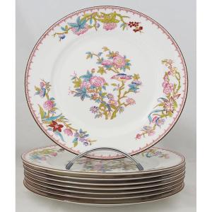 Minton Cuckoo Pattern, Cuckoo, 8 Hand-painted Porcelain Dinner Plates, 26 Cm.