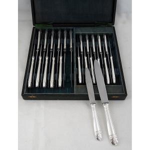 24 Grand Prix Model Knives, 12 Table + 12 Dessert, Silver-plated Metal.
