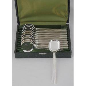 Christofle Mira, Ondulation, 12 Spoons, Silver-plated Ice Scoops, Excellent Condition.