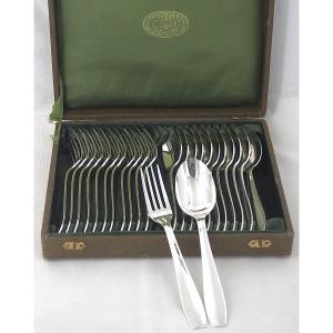 Christofle Atlas Model, Art Deco, 12 Pieces Of Silver-plated Flatware For Entremets, Dessert, 24 Pieces.