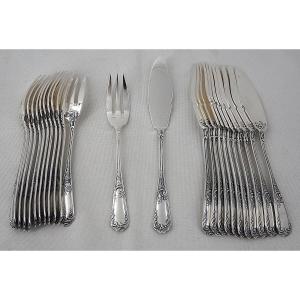 Ercuis Model Louis XV Fleuri, 12 Pieces Of 24-piece Silver-plated Fish Cutlery.