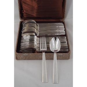 Christofle Gabon Model, Art Deco, 12 Place Settings, 24 Pieces In Silver-plated Metal.