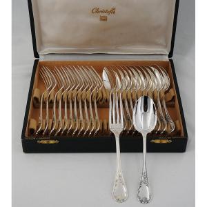 Christofle Marly Model, 12 Pieces Of Dessert Flatware, 24 Pieces, Silver-plated, 17 Cm.
