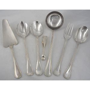 Christofle Model Albi, Set Of 7 Serving Pieces, Ragout, Salad, Cake Scoop, Sugar Tongs