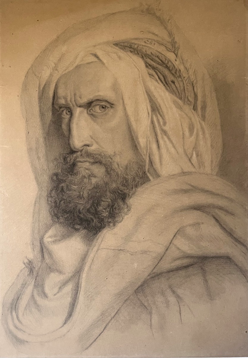 Ritratto di uomo con turbante – Disegno accademico orientalista, XIX secolo