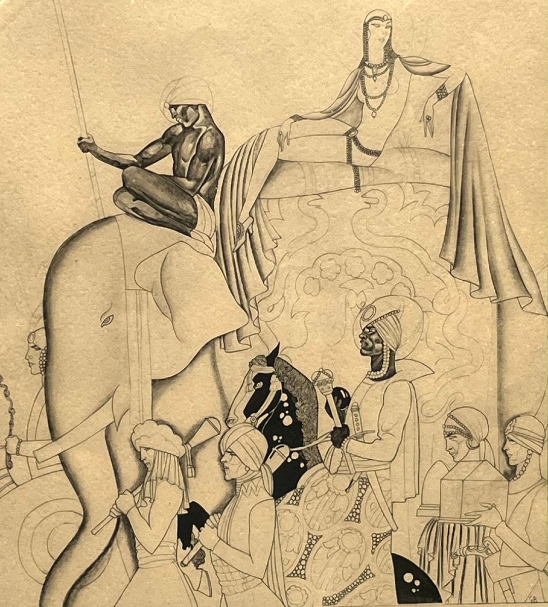 Grande Processione Esotica con Elefante (Stile Art Déco, c. 1920-1930)-photo-2