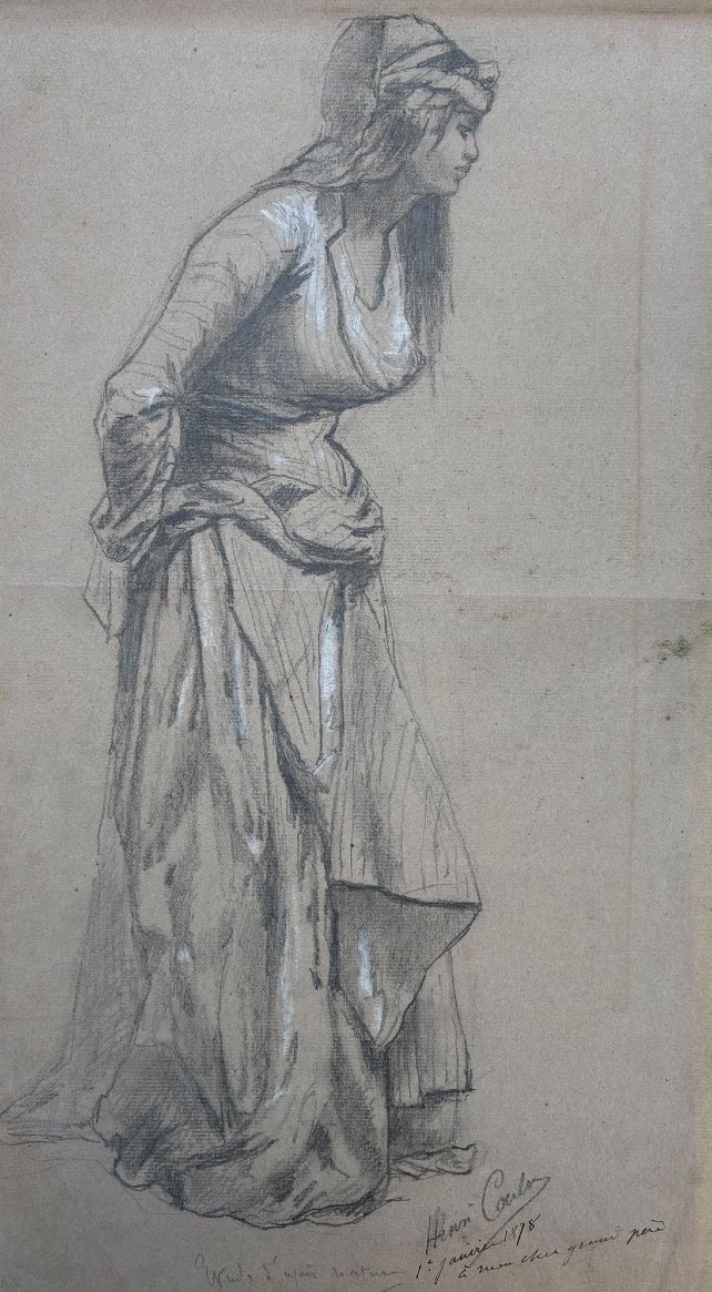 Giovane donna in costume tradizionale, Disegno a carboncino dal vero (1878)