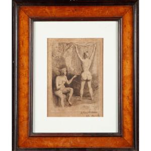 Litografia due donne al bagno de Pierre-Oswald Heidbrink (1852-1914)