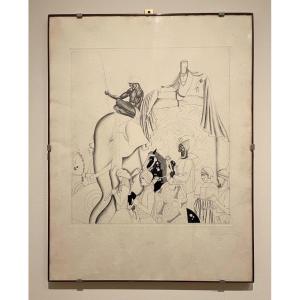 Grande Processione Esotica con Elefante (Stile Art Déco, c. 1920-1930)