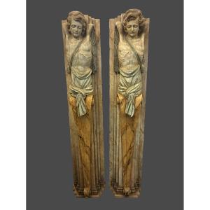 Pair Of Large Sculpted Angels In A Sheath - 19th Century