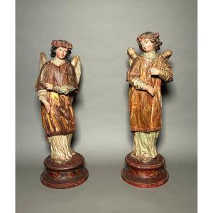 Pair Of Candle-bearing Angels - 17th Century