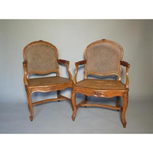 Pair Of Caned Armchairs Stamped Pierre Moreau