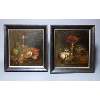 Pair Of Still Lifes - Oils On Copper XIXth Century