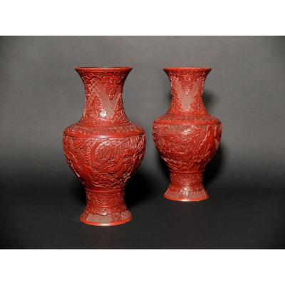 Pair Of Chinese Cinnabar Lacquer Vases - 19th Century