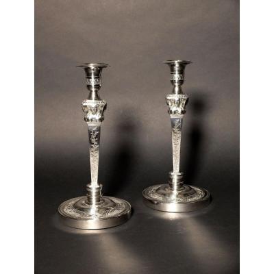 Pair Of Solid Silver Candlesticks, With The Count's Coat Of Arms, By Denis Garreau