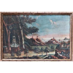 18th Century Navy School Painting Curious Combat Scene By The Sea