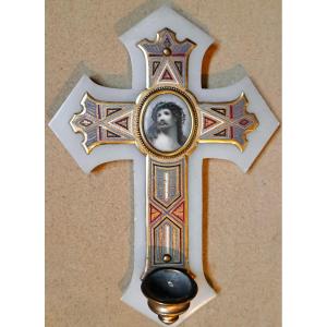 Holy Water Font Of Christ On A Cross In Bronze Onyx And Cloisonné Enamel Decorated With A Minia