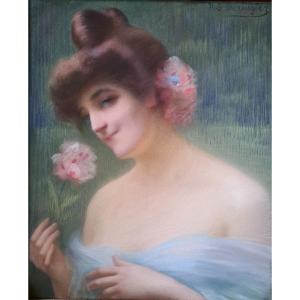 French School Symbolist Portrait Of A Young Woman With Flowers