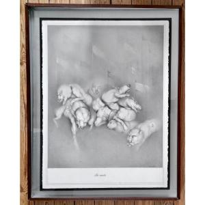 Georges Bru (1933) "pack Of Dogs" Important Drawing Under Glass