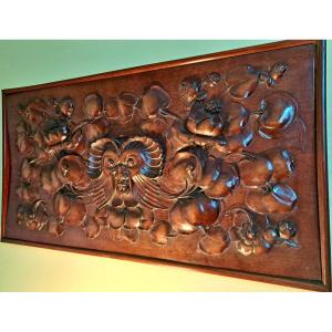 Japanese Carved Walnut Panel Naturalist Aquatic Deity Circa 1900